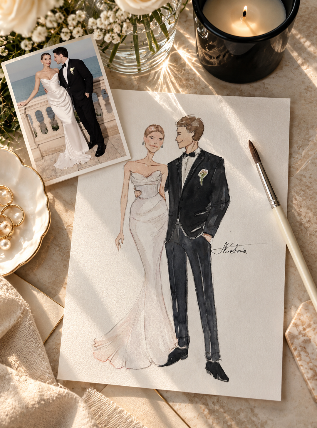 Original wedding couple illustration inspired by a coastal celebration