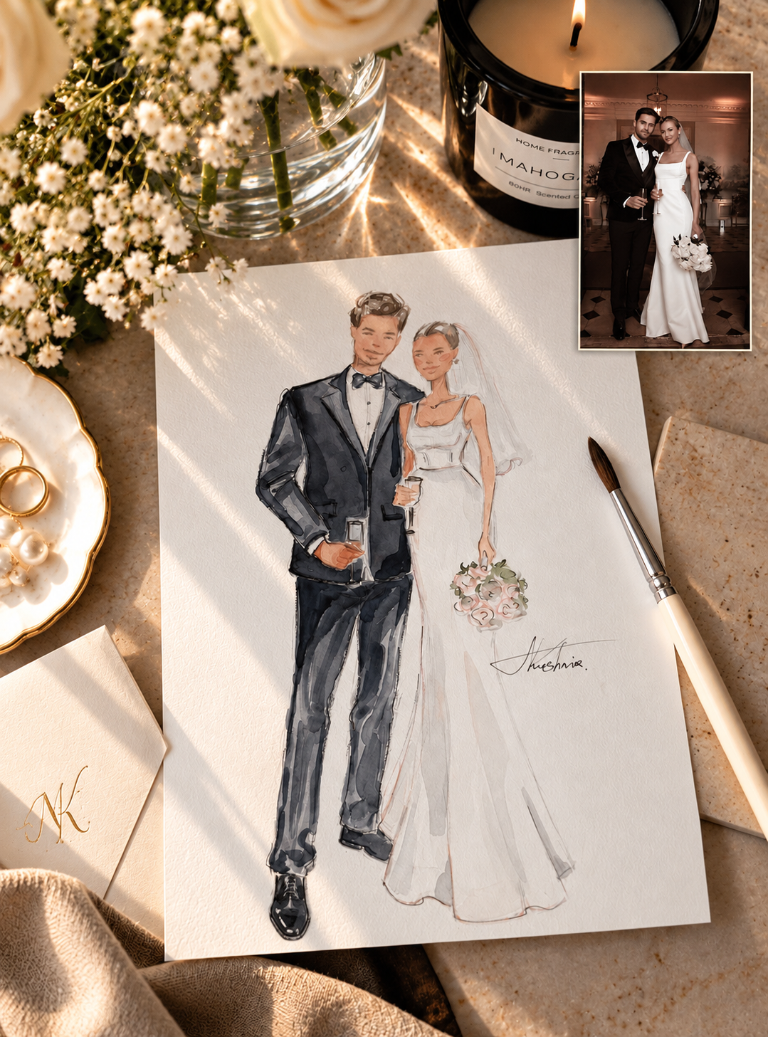 Watercolour wedding portrait of a couple, styled with flowers and a candle