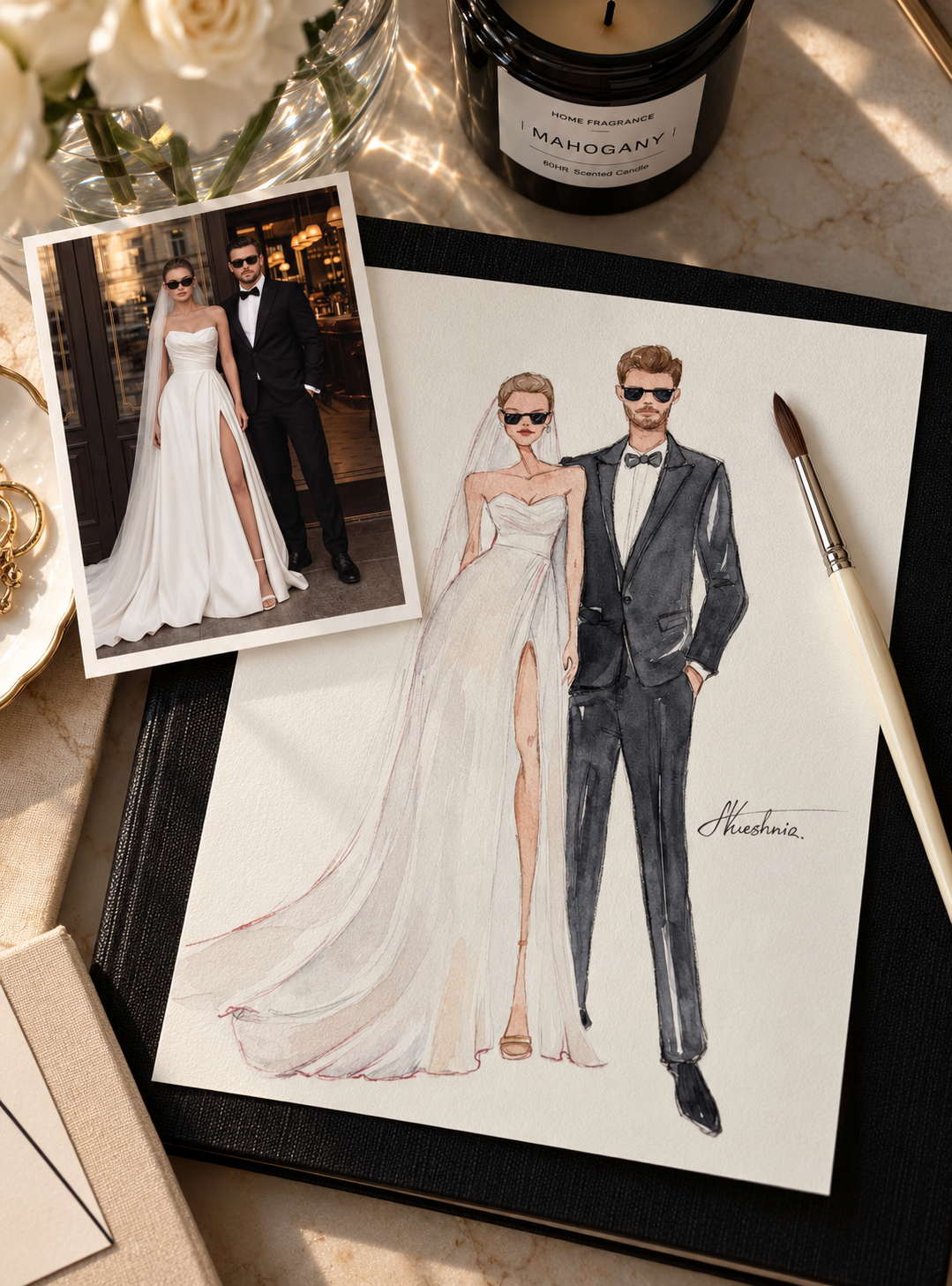 Nataliia's fashion illustration of a bride and groom beside their portrait photograph
